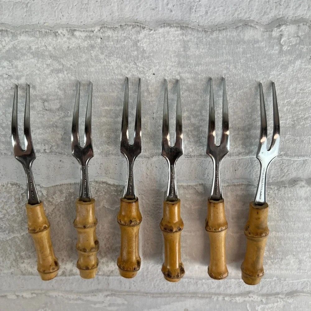 Viking Bamboo Little Forks 6 Cocktail Hand Made Set Original Box Japan Vintage